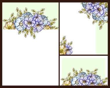 Klasik çiçek düğün kartları seti. Çiçek elementleri ve çerçeveleri.