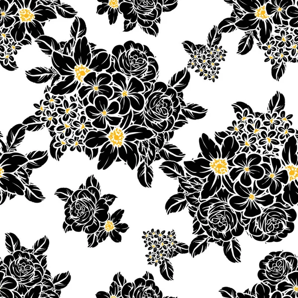 Seamless Vintage Style Flower Pattern Floral Elements Black White — Stock Vector