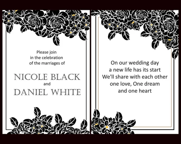 Vintage Style Flower Wedding Cards Set Black White Floral Elements — Stock Vector