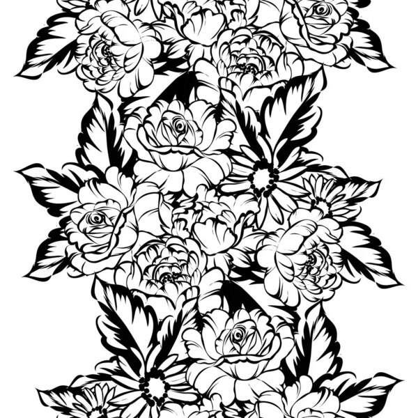 Patrón Flores Estilo Vintage Sin Costuras Elementos Florales Blanco Negro — Vector de stock