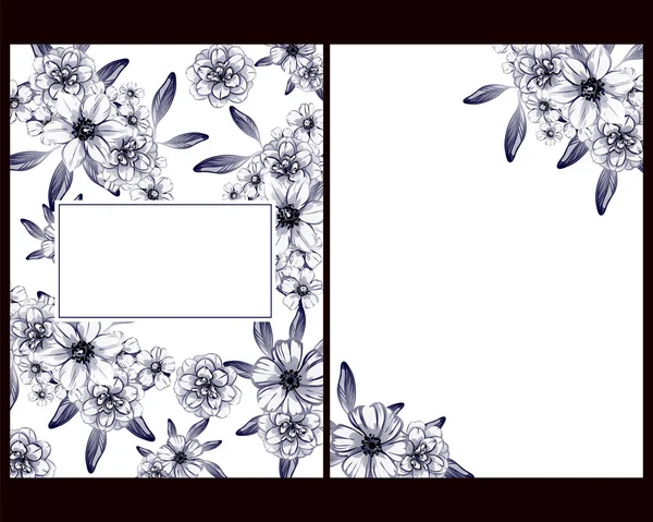 ビンテージ スタイルの花の結婚式のカードを設定します モノクロ色花の要素とフレーム — ストックベクタ