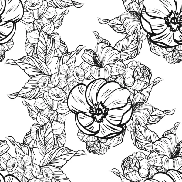 无缝复古风格的花卉图案 黑白相间的花元素 — 图库矢量图片