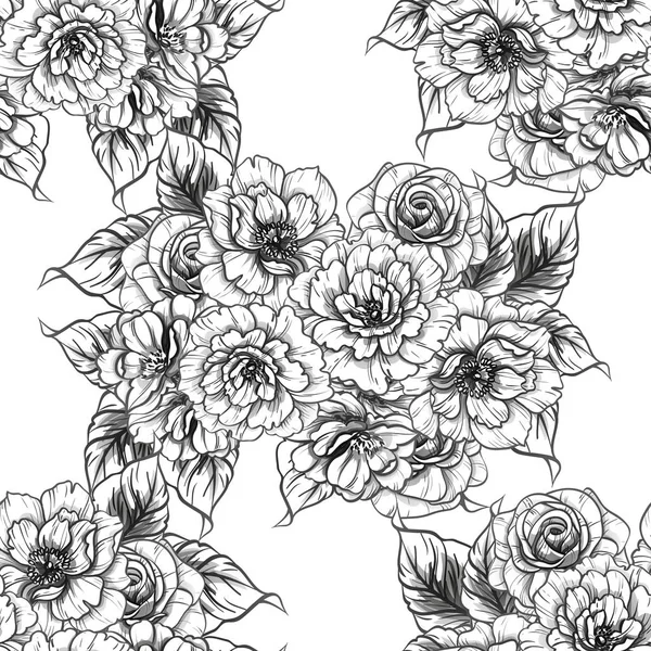 Modèle Fleur Style Vintage Sans Couture Eléments Floraux Noir Blanc — Image vectorielle