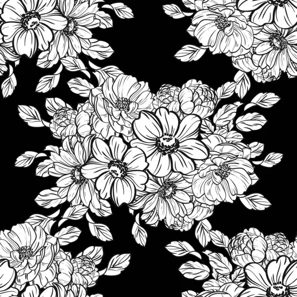 Naadloze Vintage Stijl Bloemenpatroon Floral Elementen Zwart Wit — Stockvector