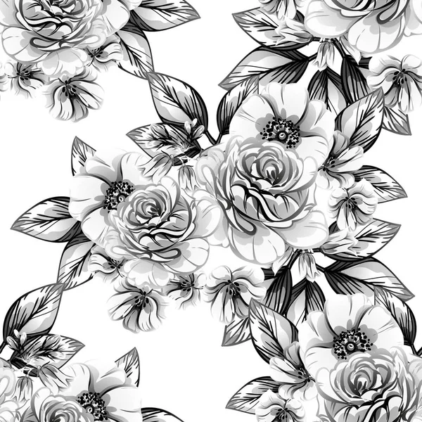 Modèle Fleur Style Vintage Sans Couture Eléments Floraux Noir Blanc — Image vectorielle