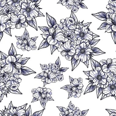 Sorunsuz vintage tarzı tek renkli renkli çiçek deseni. Çiçek öğeleri.