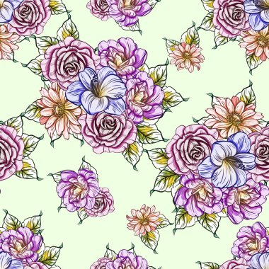 Sorunsuz vintage tarzı çiçek deseni. Renkli çiçek öğeleri