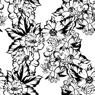 Sorunsuz vintage tarzı çiçek deseni. Siyah ve beyaz çiçek öğeleri.