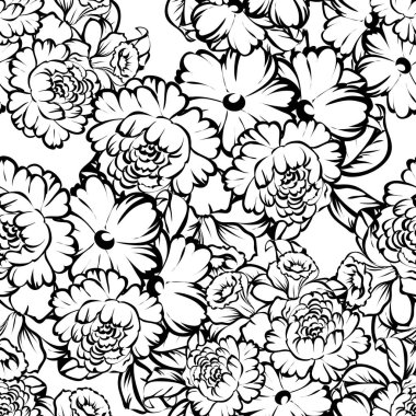 Sorunsuz vintage tarzı çiçek deseni. Siyah ve beyaz çiçek öğeleri.