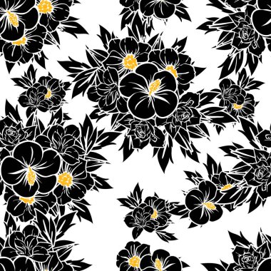 Sorunsuz vintage tarzı çiçek deseni. Siyah ve beyaz çiçek öğeleri.