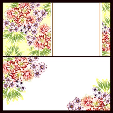 Klasik çiçek düğün kartları seti. Çiçek elementleri ve çerçeveleri.