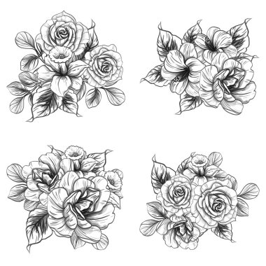 Sorunsuz vintage tarzı çiçek deseni. Siyah ve beyaz çiçek öğeleri.