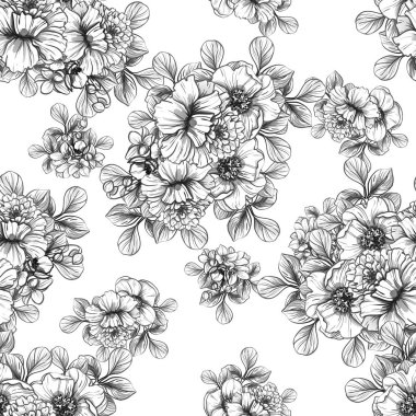 Sorunsuz vintage tarzı çiçek deseni. Siyah ve beyaz çiçek öğeleri.