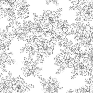 Sorunsuz vintage tarzı çiçek deseni. Siyah ve beyaz çiçek öğeleri.