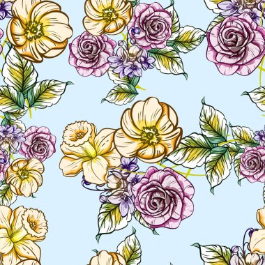 Sorunsuz vintage tarzı çiçek deseni. Renkli çiçek öğeleri