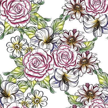 Sorunsuz vintage tarzı çiçek deseni. Renkli çiçek öğeleri