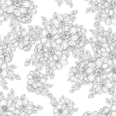 Sorunsuz vintage tarzı çiçek deseni. Siyah ve beyaz çiçek öğeleri.