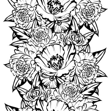 Sorunsuz vintage tarzı çiçek deseni. Siyah ve beyaz çiçek öğeleri.