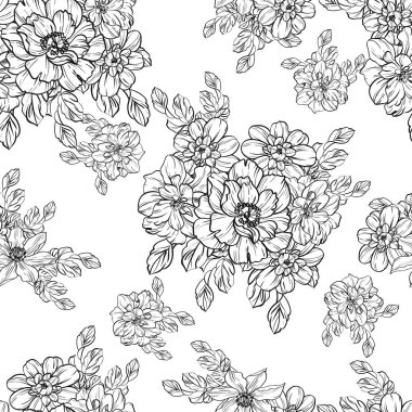 Sorunsuz vintage tarzı çiçek deseni. Siyah ve beyaz çiçek öğeleri.