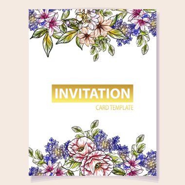 Renkli davetiye, vintage tarzı çiçek deseni. Renkli çiçek öğeleri