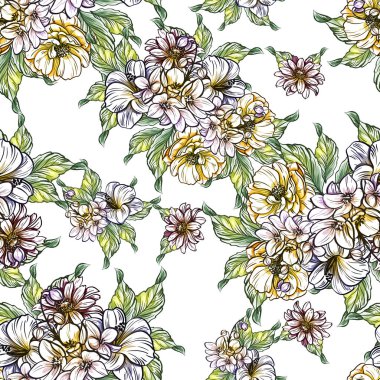 Sorunsuz vintage tarzı çiçek deseni. Renkli çiçek öğeleri