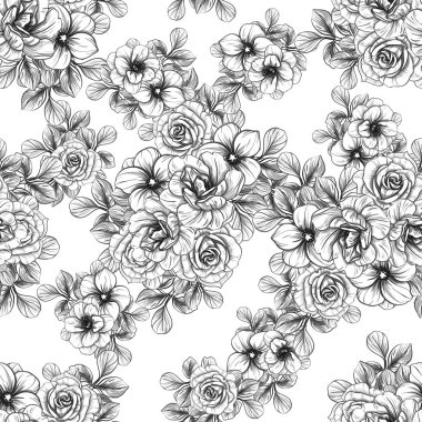 Sorunsuz vintage tarzı çiçek deseni. Siyah ve beyaz çiçek öğeleri.