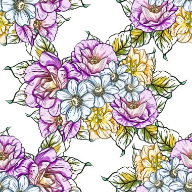 Sorunsuz vintage tarzı çiçek deseni. Renkli çiçek öğeleri
