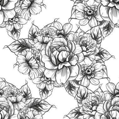 Sorunsuz vintage tarzı çiçek deseni. Siyah ve beyaz çiçek öğeleri.