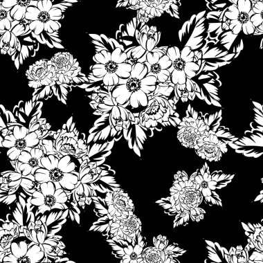 Sorunsuz vintage tarzı çiçek deseni. Siyah ve beyaz çiçek öğeleri.