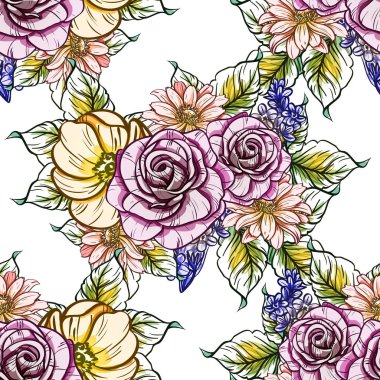 Sorunsuz vintage tarzı çiçek deseni. Renkli çiçek öğeleri