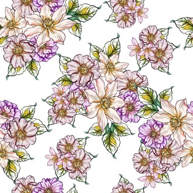 Sorunsuz vintage tarzı çiçek deseni. Renkli çiçek öğeleri