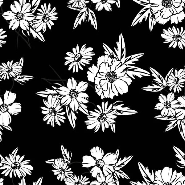 Patrón Flores Estilo Vintage Sin Costuras Elementos Florales Blanco Negro — Archivo Imágenes Vectoriales