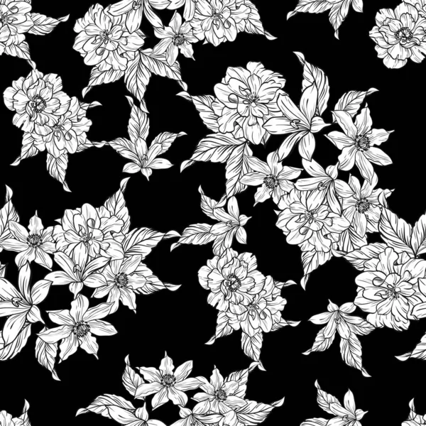 Padrão Flor Estilo Vintage Sem Costura Elementos Florais Preto Branco — Vetor de Stock