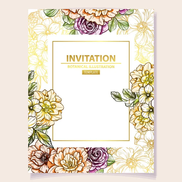 カラー招待状カードは ビンテージ スタイルの花柄 色で花の要素 — ストックベクタ