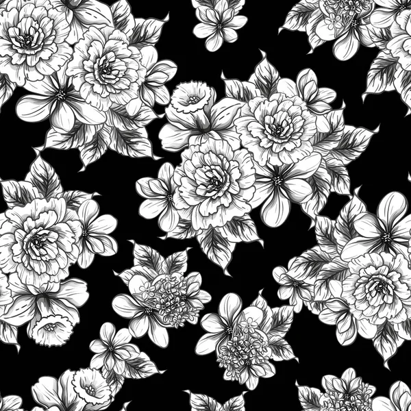 Padrão Flor Estilo Vintage Sem Costura Elementos Florais Preto Branco — Vetor de Stock