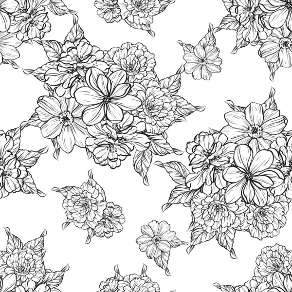 Sorunsuz Vintage Tarzı Çiçek Deseni Siyah Beyaz Çiçek Öğeleri — Stok Vektör