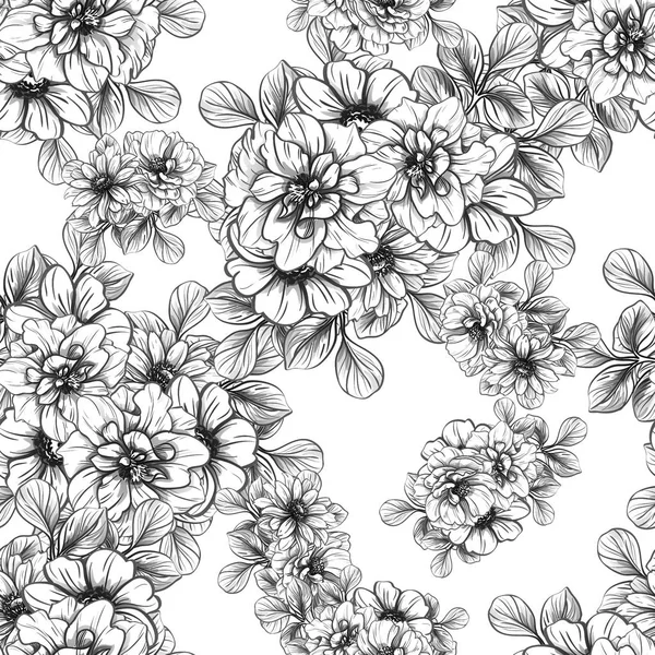 Naadloze Vintage Stijl Bloemenpatroon Floral Elementen Zwart Wit — Stockvector