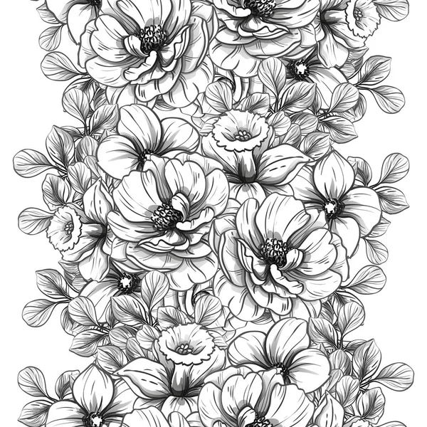 Patrón Flores Estilo Vintage Sin Costuras Elementos Florales Blanco Negro — Archivo Imágenes Vectoriales