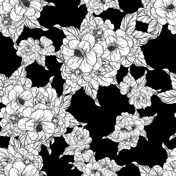 Modèle Fleur Style Vintage Sans Couture Eléments Floraux Noir Blanc — Image vectorielle