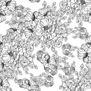 Sorunsuz vintage tarzı çiçek deseni. Siyah ve beyaz çiçek öğeleri.