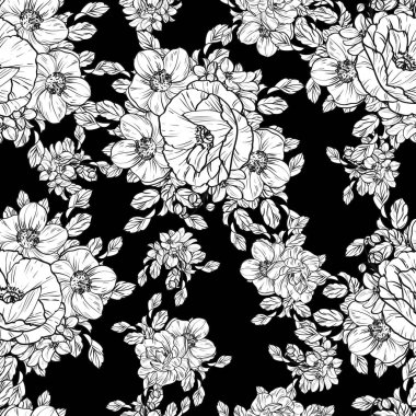Sorunsuz vintage tarzı çiçek deseni. Siyah ve beyaz çiçek öğeleri.