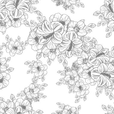 Sorunsuz vintage tarzı çiçek deseni. Siyah ve beyaz çiçek öğeleri.