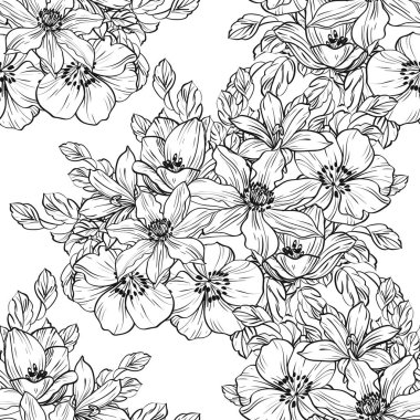 Sorunsuz vintage tarzı çiçek deseni. Siyah ve beyaz çiçek öğeleri.
