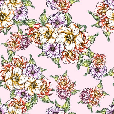 Sorunsuz vintage tarzı çiçek deseni. Renkli çiçek öğeleri
