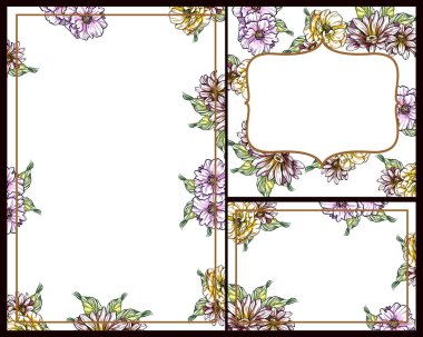 Klasik çiçek düğün kartları seti. Çiçek elementleri ve çerçeveleri.