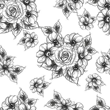 Sorunsuz vintage tarzı çiçek deseni. Siyah ve beyaz çiçek öğeleri.