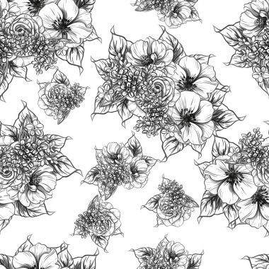 Sorunsuz vintage tarzı çiçek deseni. Siyah ve beyaz çiçek öğeleri.