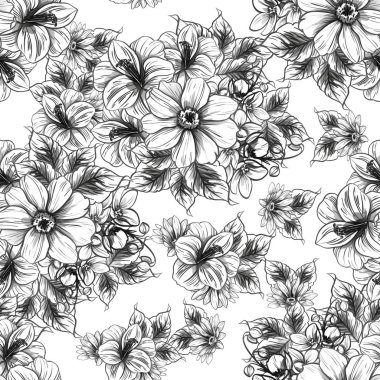 Sorunsuz vintage tarzı çiçek deseni. Siyah ve beyaz çiçek öğeleri.