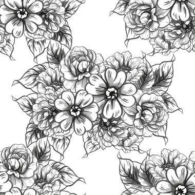 Sorunsuz vintage tarzı çiçek deseni. Siyah ve beyaz çiçek öğeleri.
