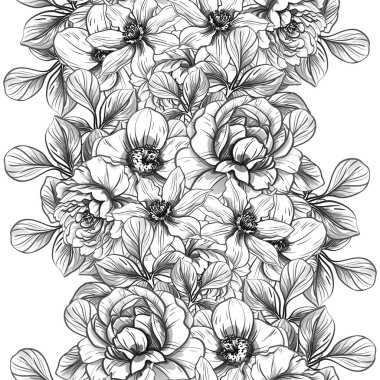 Sorunsuz vintage tarzı çiçek deseni. Siyah ve beyaz çiçek öğeleri.